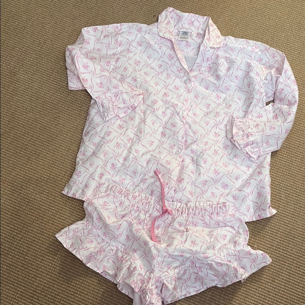 LoveShackFancy Pink and White Floral Pajama Set XS